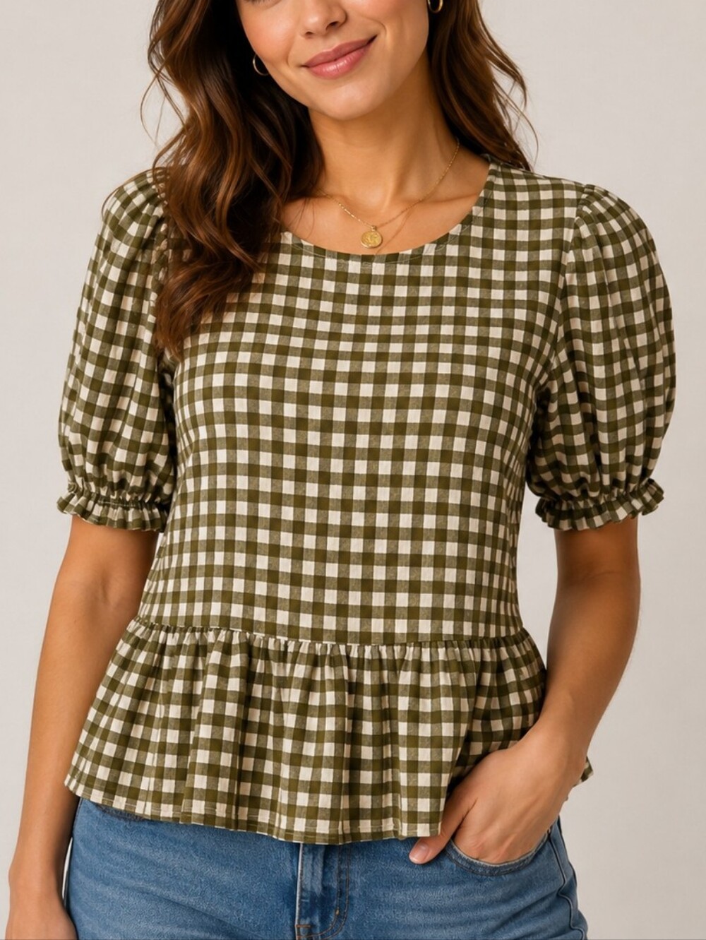 MINE Olive Gingham Short Puff-Sleeve Peplum Top